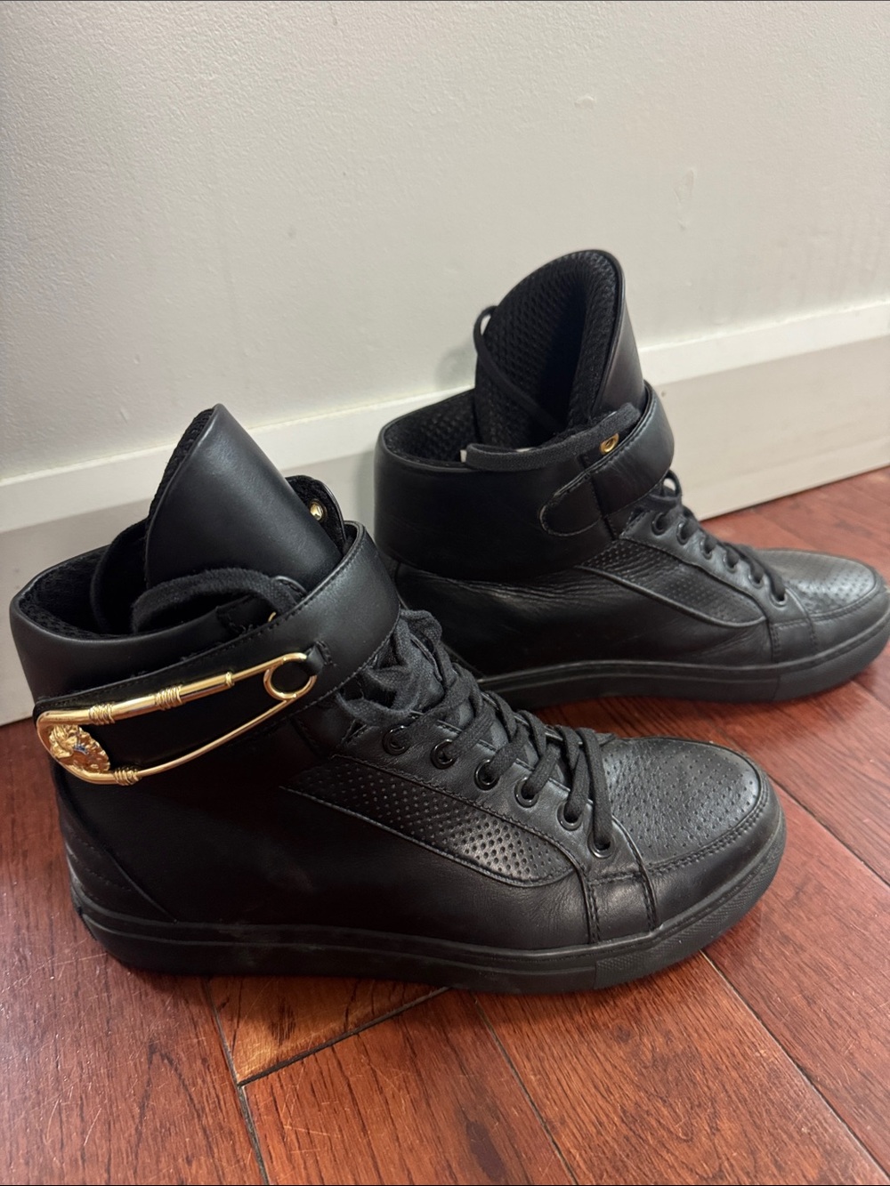 Versus Versace Black High-Top Sneakers with Gold Safety Pin Accent
